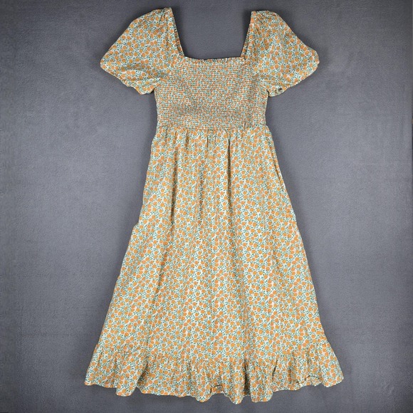 Dresses & Skirts - J Crew Dress Womens Small Orange Fruit Print Puff Sleeve Smocked Cotton‎ Maxi